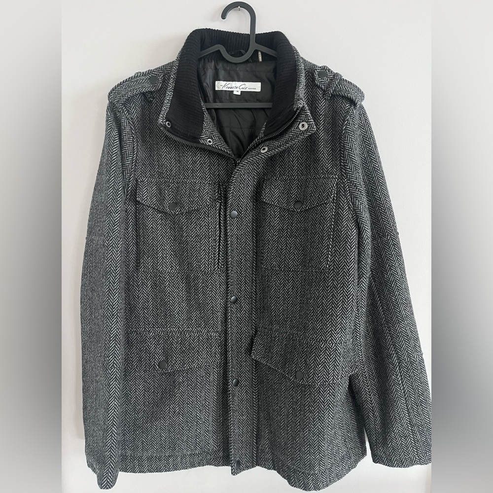 Kenneth Cole Men’s Herringbone Field Jacket Coat Wool Blend - Black and Grey M